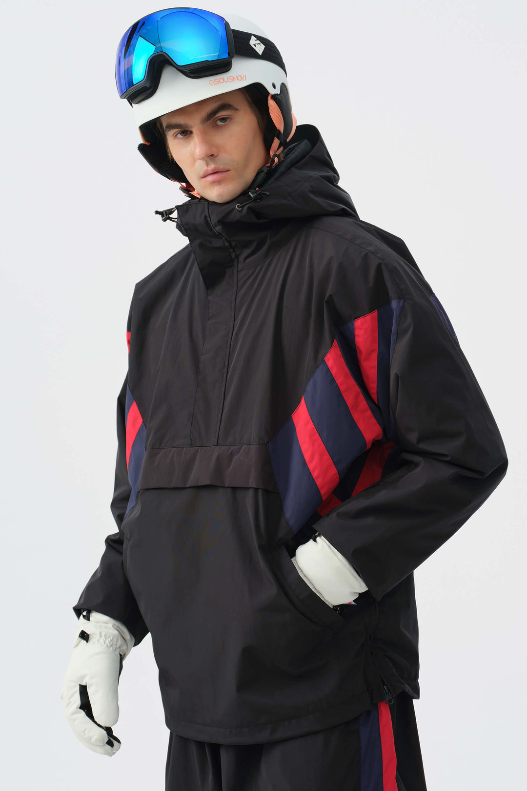 Heren zwart & rood 90s retro track colorblock sneeuwanorak