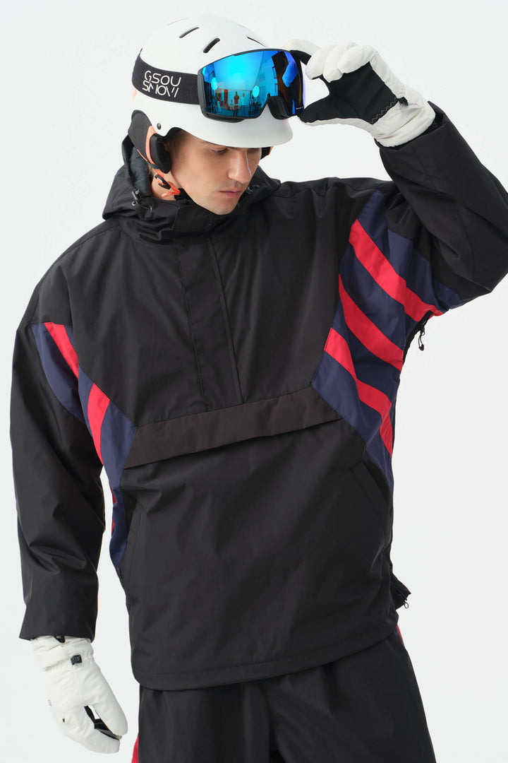 Heren zwart-witte 90s retro track colorblock sneeuwanorak