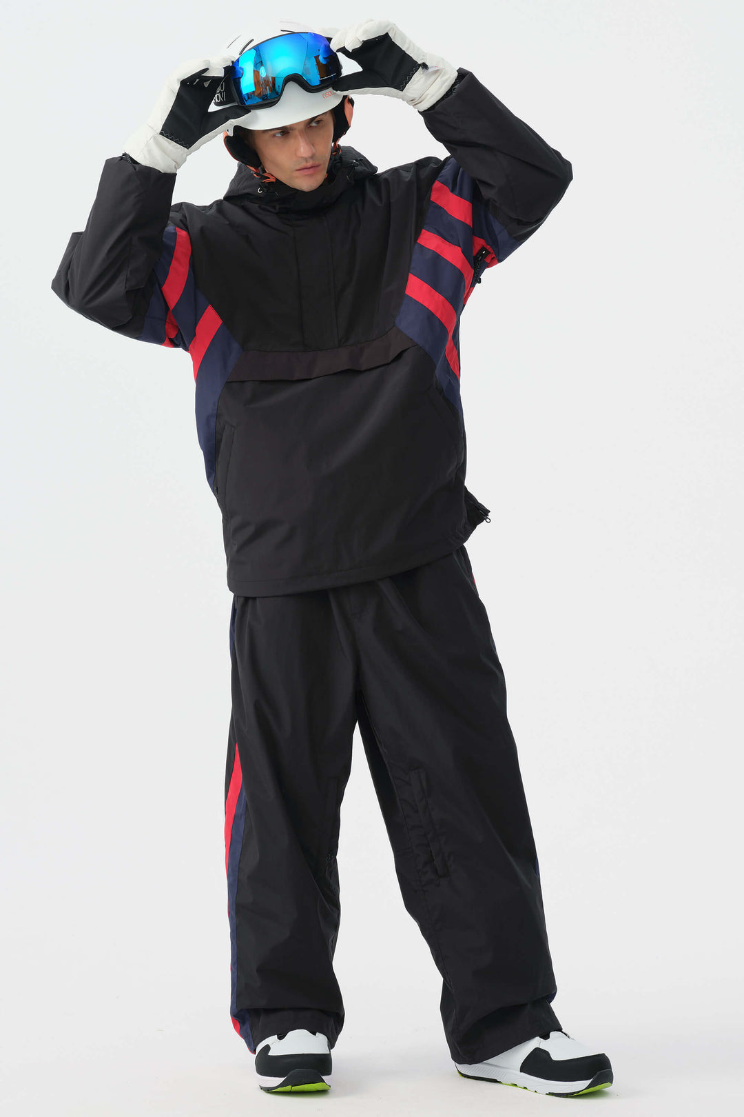 Heren zwart & rood 90s retro track colorblock sneeuwanorak