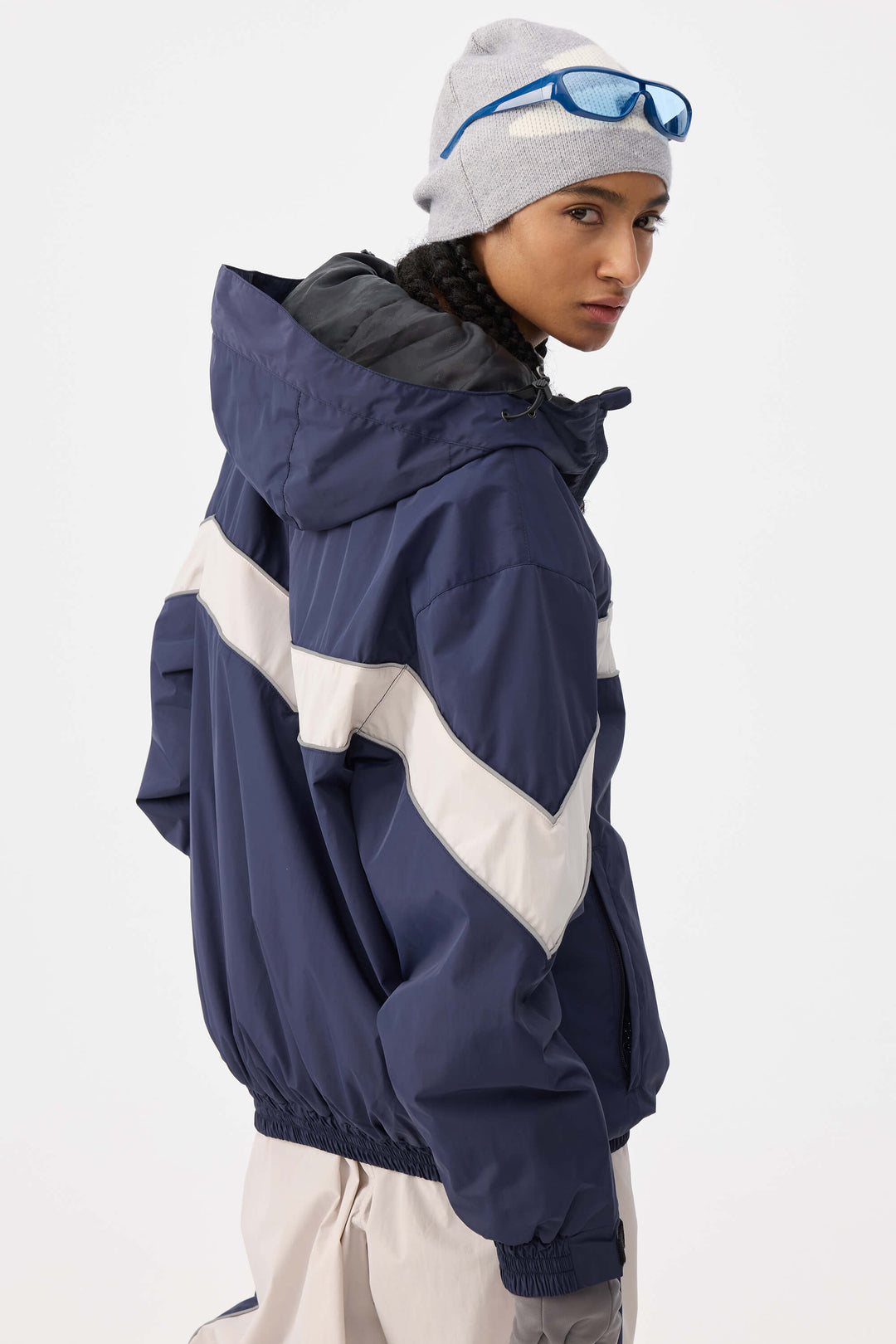 Marinblå Retro Track Chevron Randig Vinterjacka för Dam