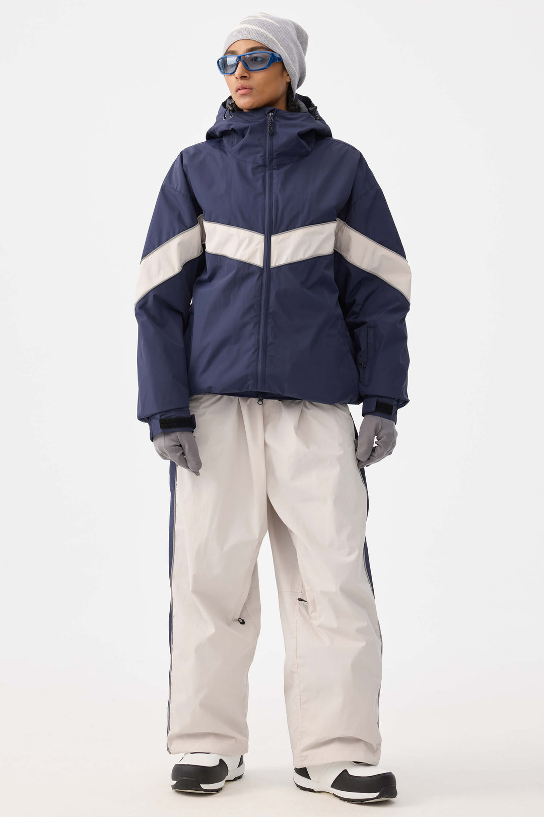 Marinblå Retro Track Chevron Randig Vinterjacka för Dam