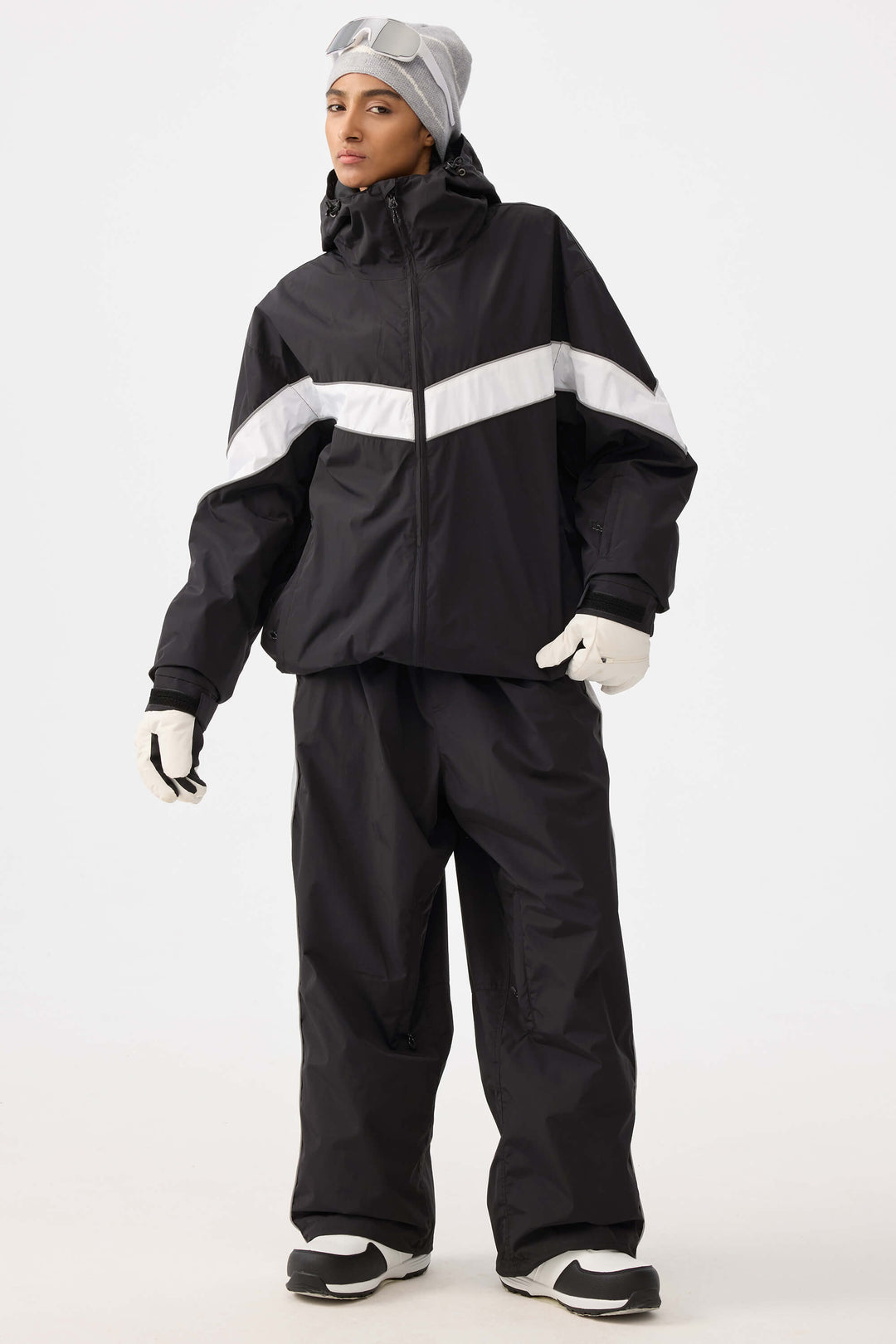 Damska czarna kurtka śnieżna Retro Track Chevron Stripe