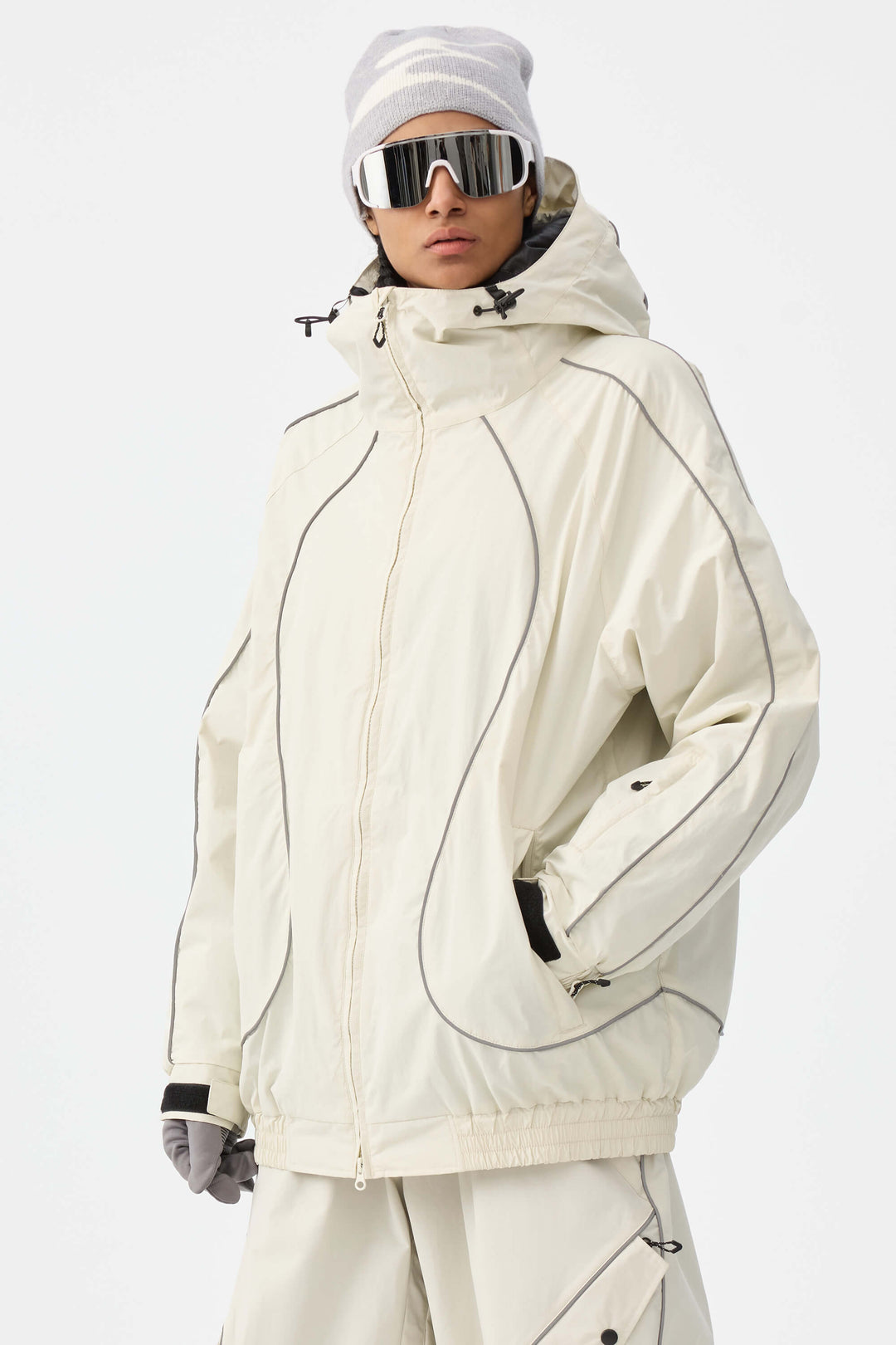 Damska kurtka śnieżna Off White Retro Track z odblaskowymi lamówkami