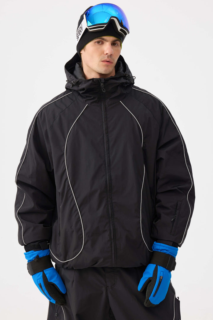 Męska czarna kurtka śnieżna Retro Track z odblaskowymi lamówkami
