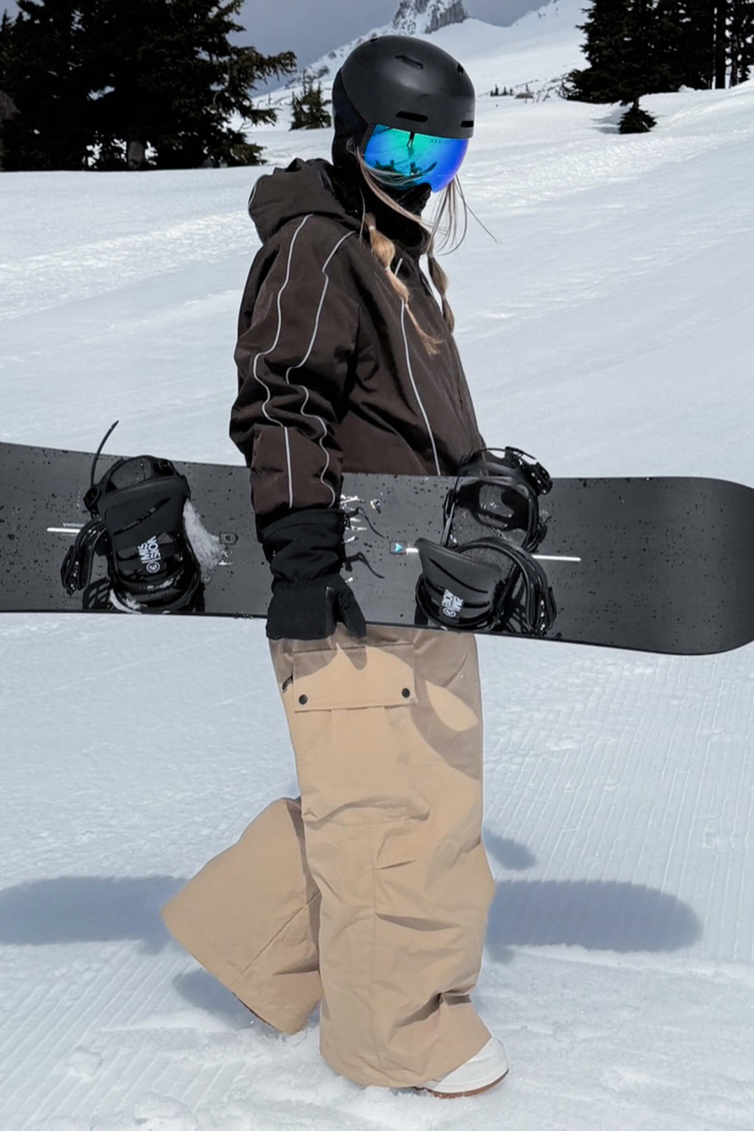 Women's Coffee Retro Track Reflective Piping Snow Jacket
