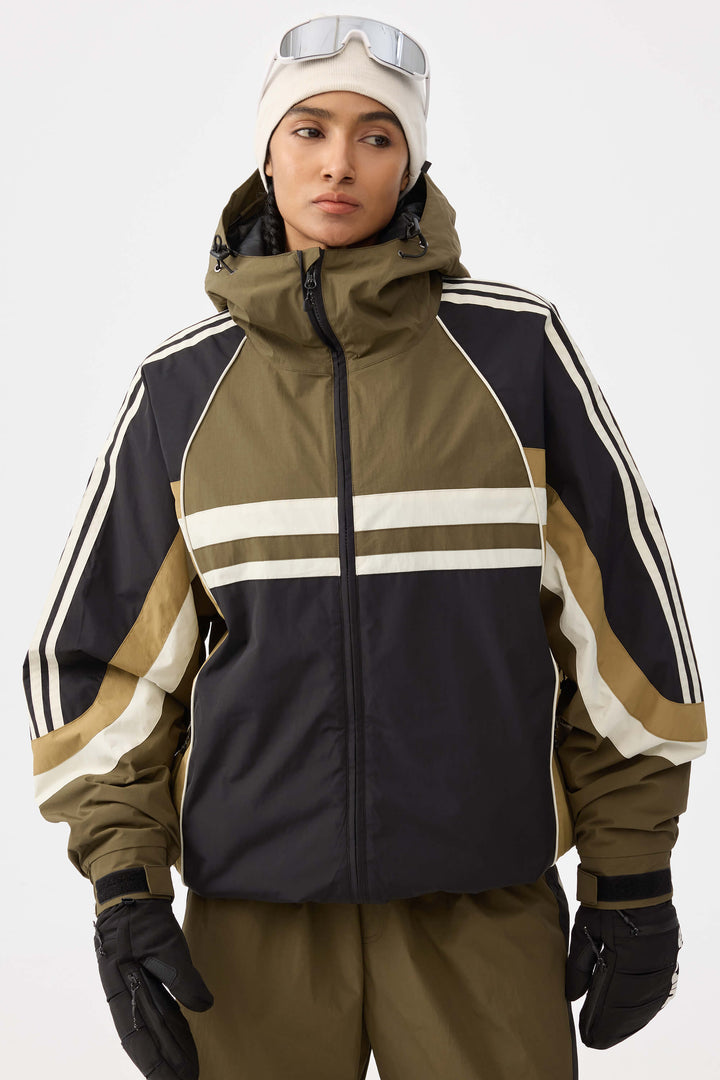 Women's Navy Retro Sporty Stripes Trim Colorblock Snow Jacket