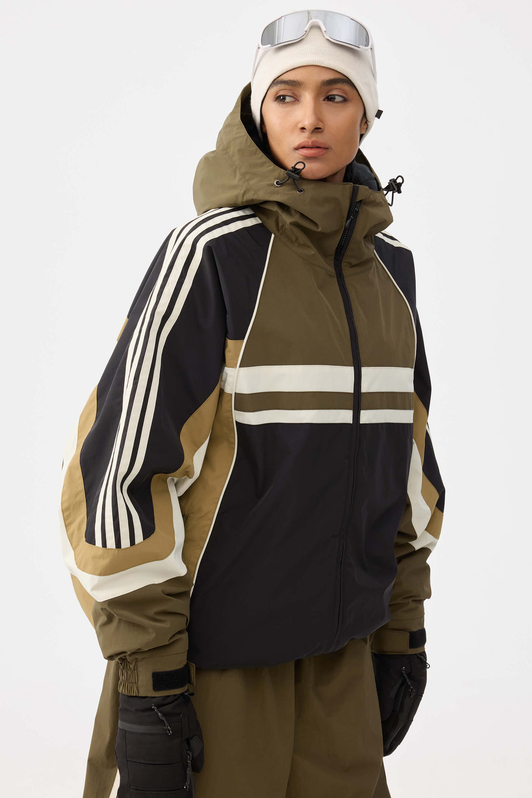 Women's Navy Retro Sporty Stripes Trim Colorblock Snow Jacket
