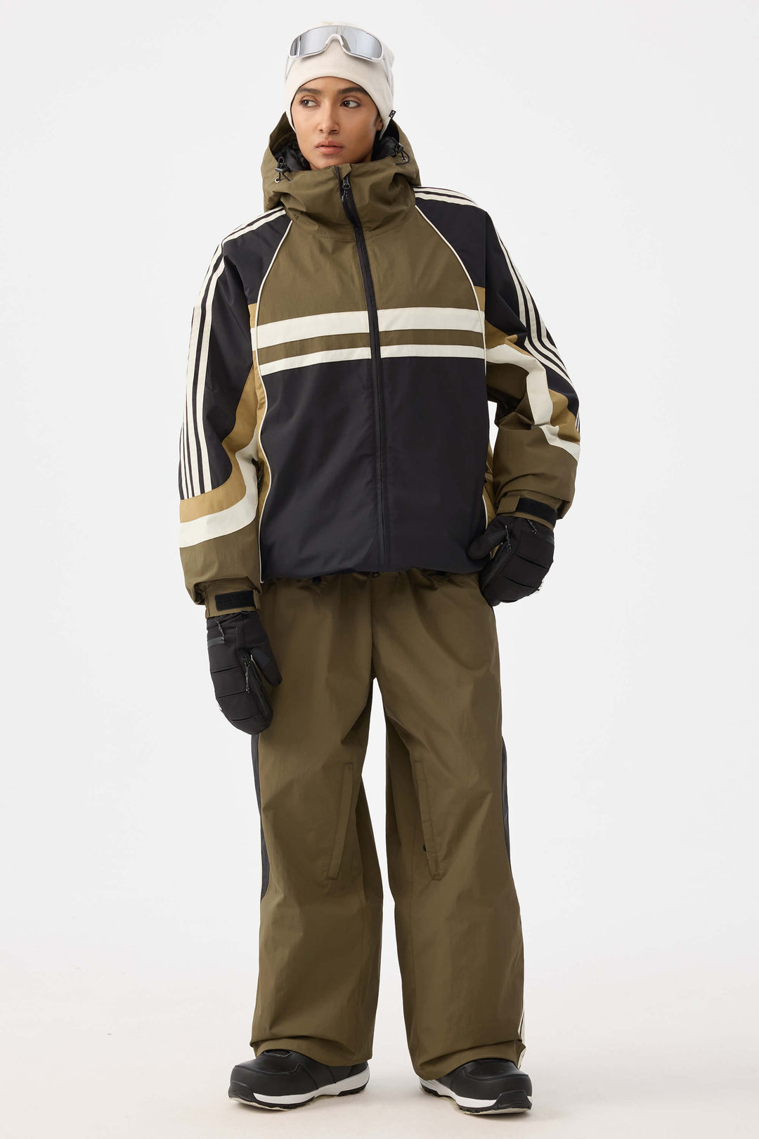 Women's Navy Retro Sporty Stripes Trim Colorblock Snow Jacket