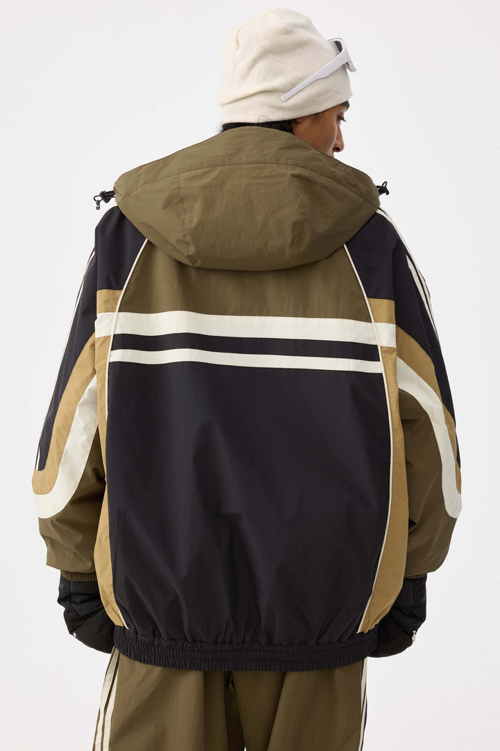 Women's Navy Retro Sporty Stripes Trim Colorblock Snow Jacket