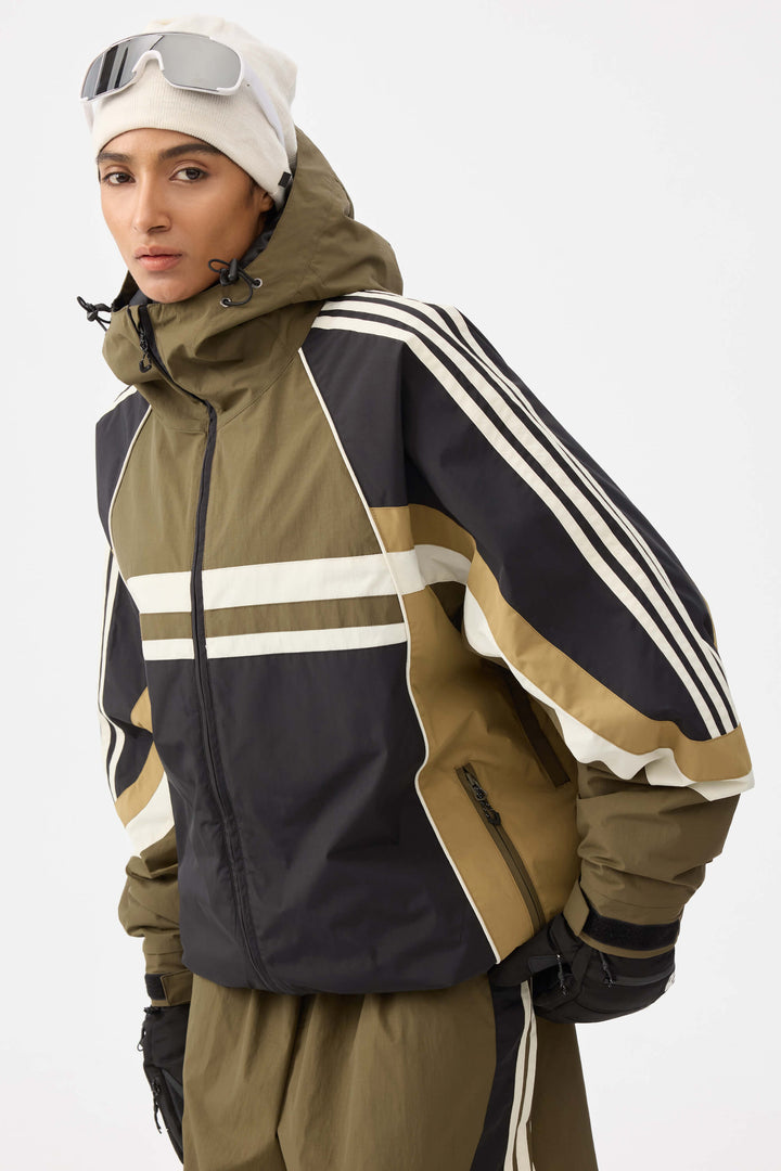 Women's Navy Retro Sporty Stripes Trim Colorblock Snow Jacket