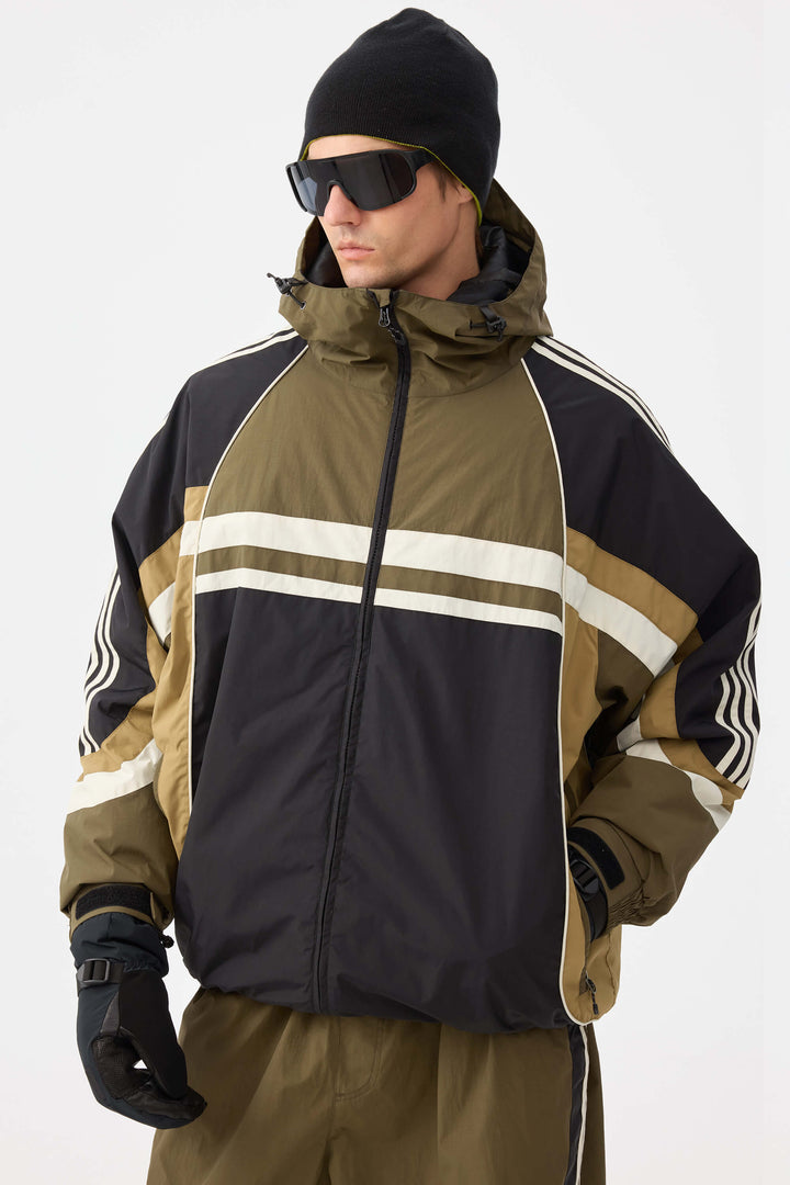 Heren marineblauwe retro sportieve strepen trim colorblock sneeuwjas