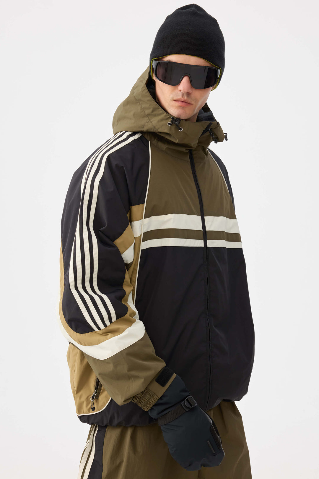 Heren marineblauwe retro sportieve strepen trim colorblock sneeuwjas