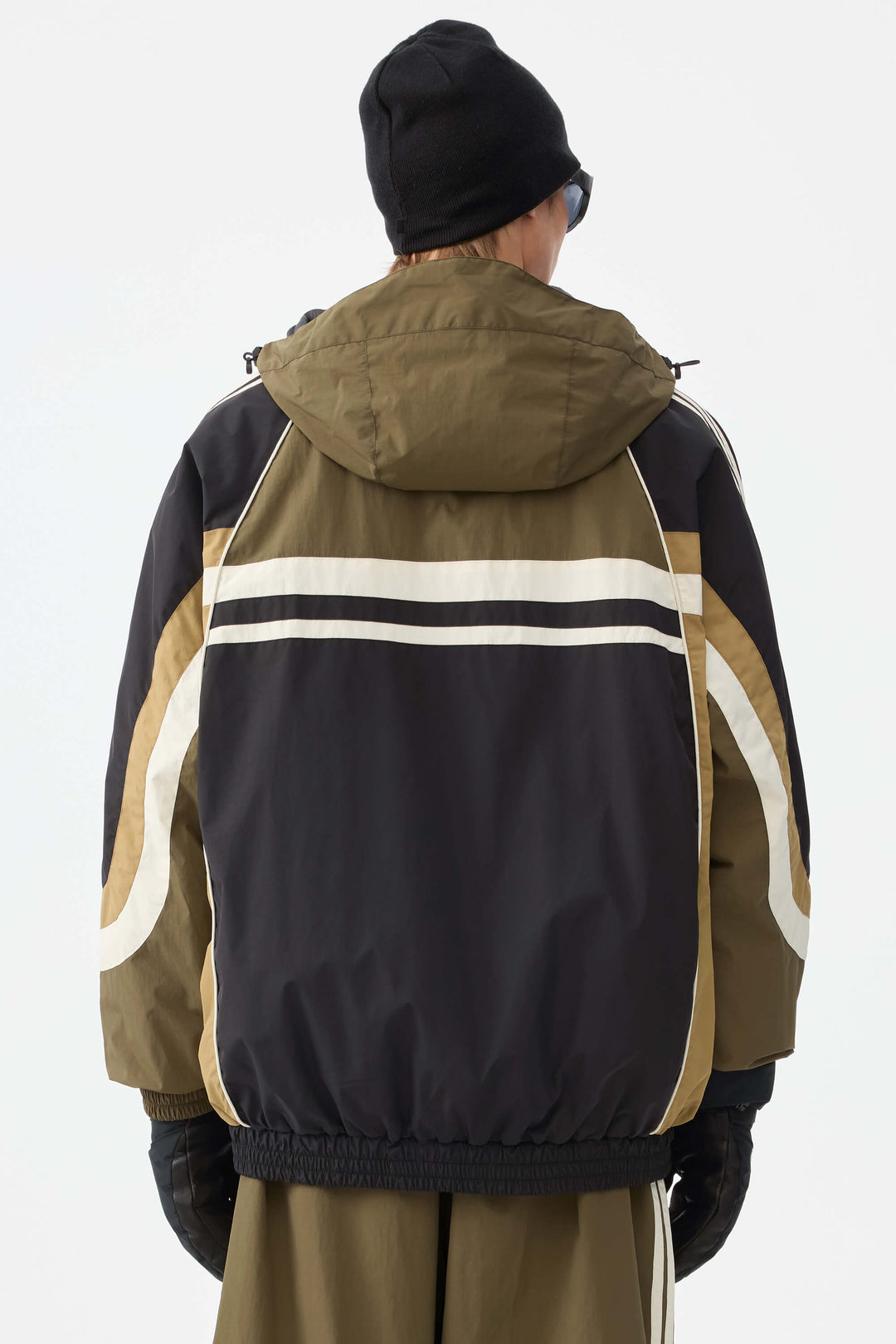 Heren marineblauwe retro sportieve strepen trim colorblock sneeuwjas