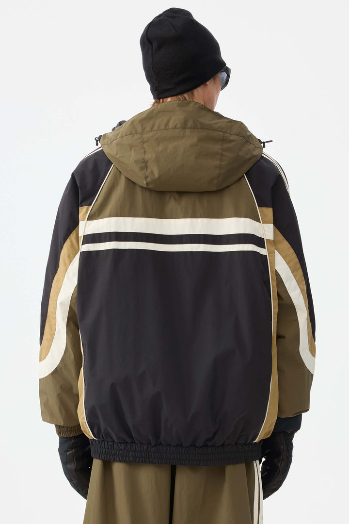 Heren marineblauwe retro sportieve strepen trim colorblock sneeuwjas