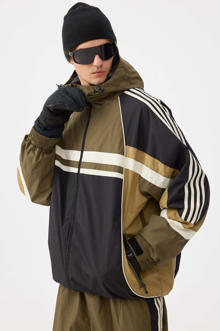 Heren marineblauwe retro sportieve strepen trim colorblock sneeuwjas