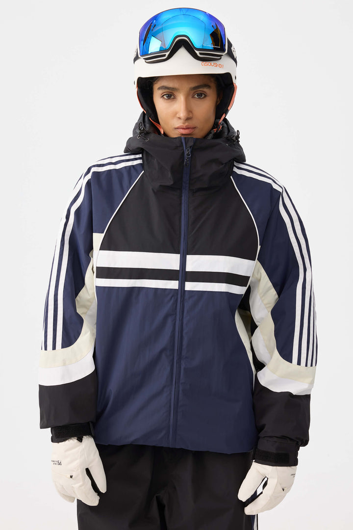 Women's Navy Retro Sporty Stripes Trim Colorblock Snow Jacket