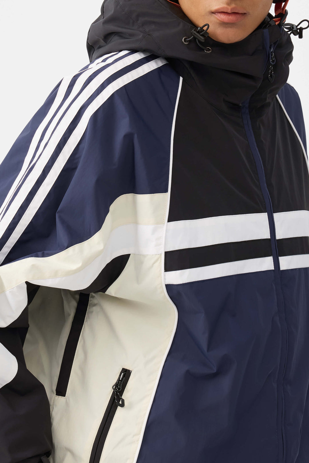 Women's Navy Retro Sporty Stripes Trim Colorblock Snow Jacket