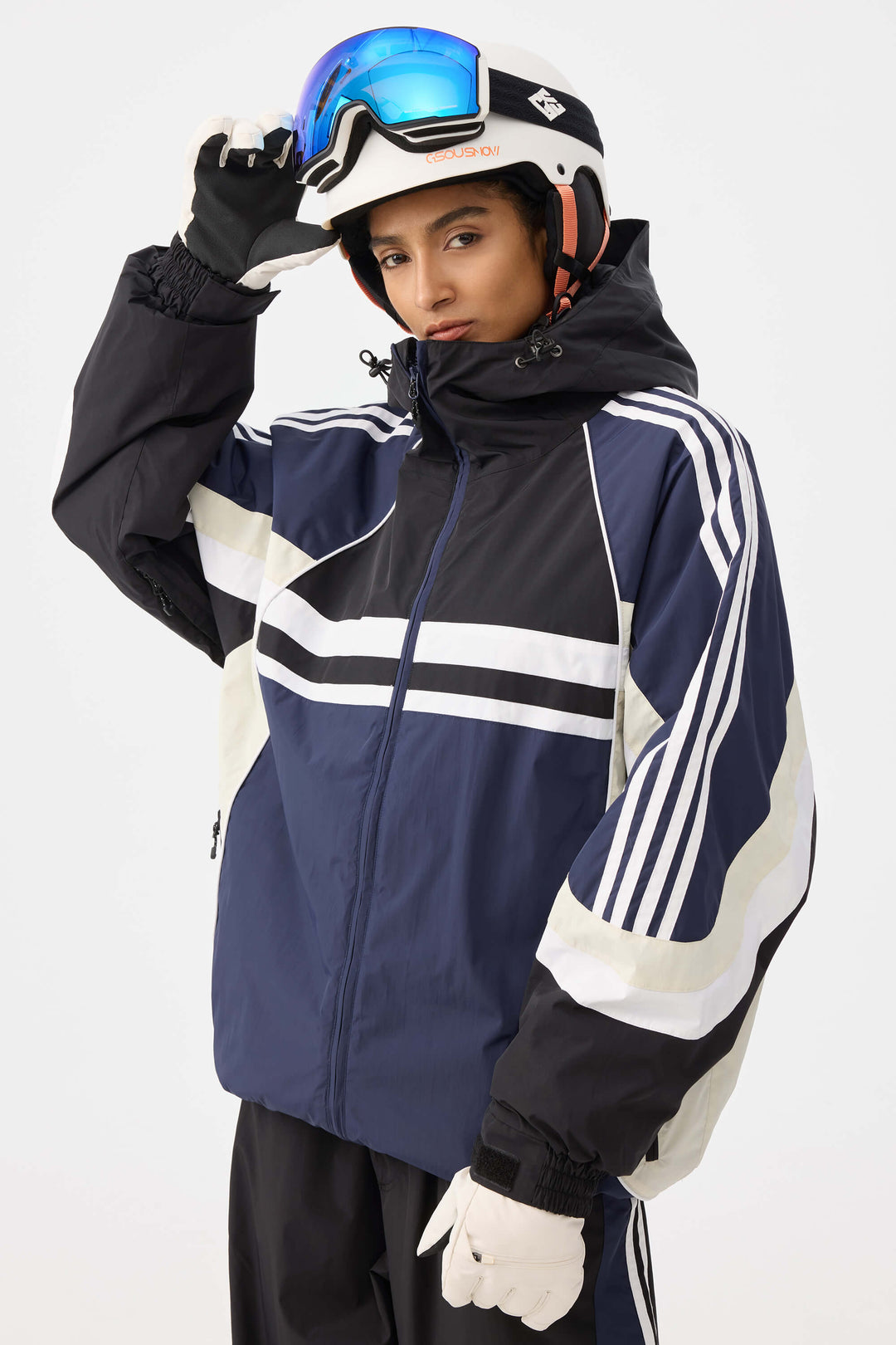 Women's Navy Retro Sporty Stripes Trim Colorblock Snow Jacket