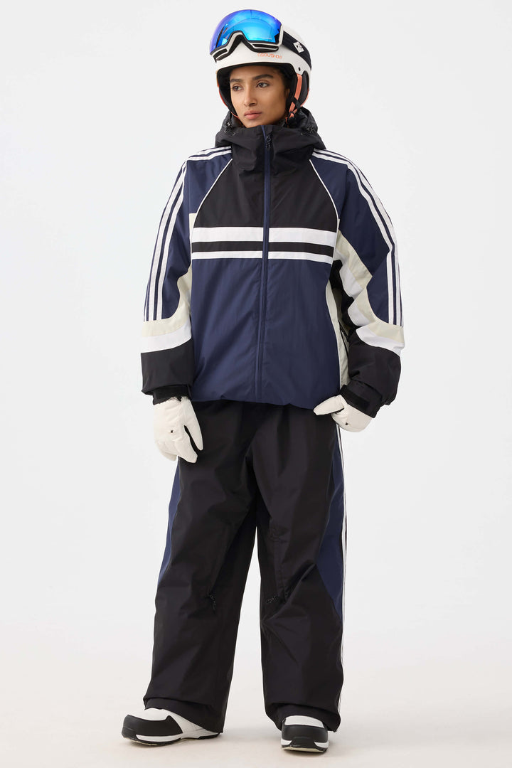 Women's Navy Retro Sporty Stripes Trim Colorblock Snow Jacket