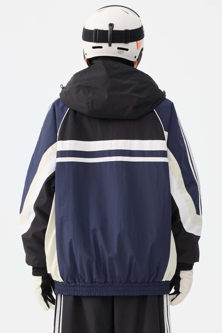 Women's Navy Retro Sporty Stripes Trim Colorblock Snow Jacket