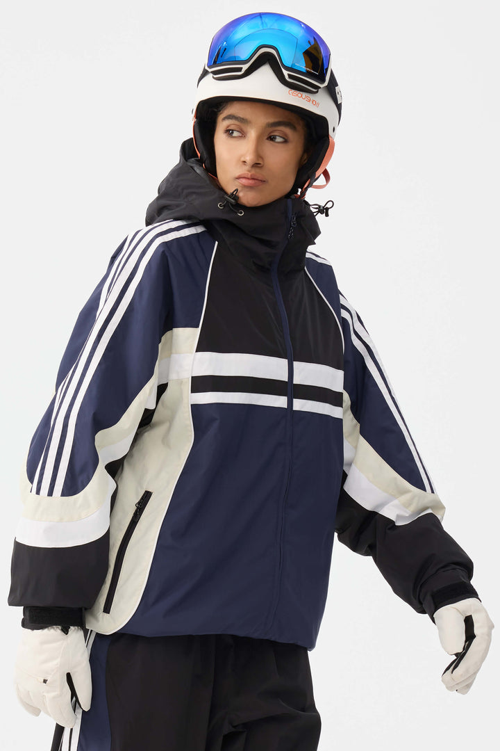 Women's Navy Retro Sporty Stripes Trim Colorblock Snow Jacket