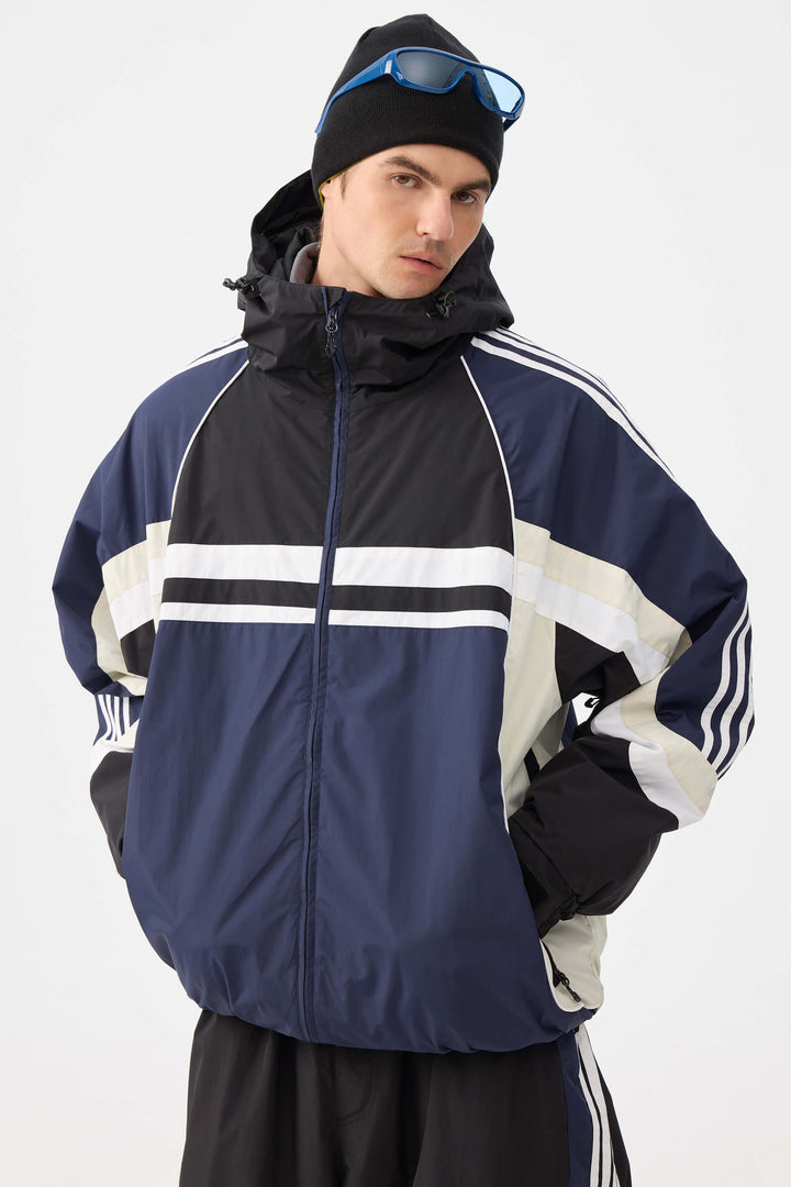 Heren marineblauwe retro sportieve strepen trim colorblock sneeuwjas