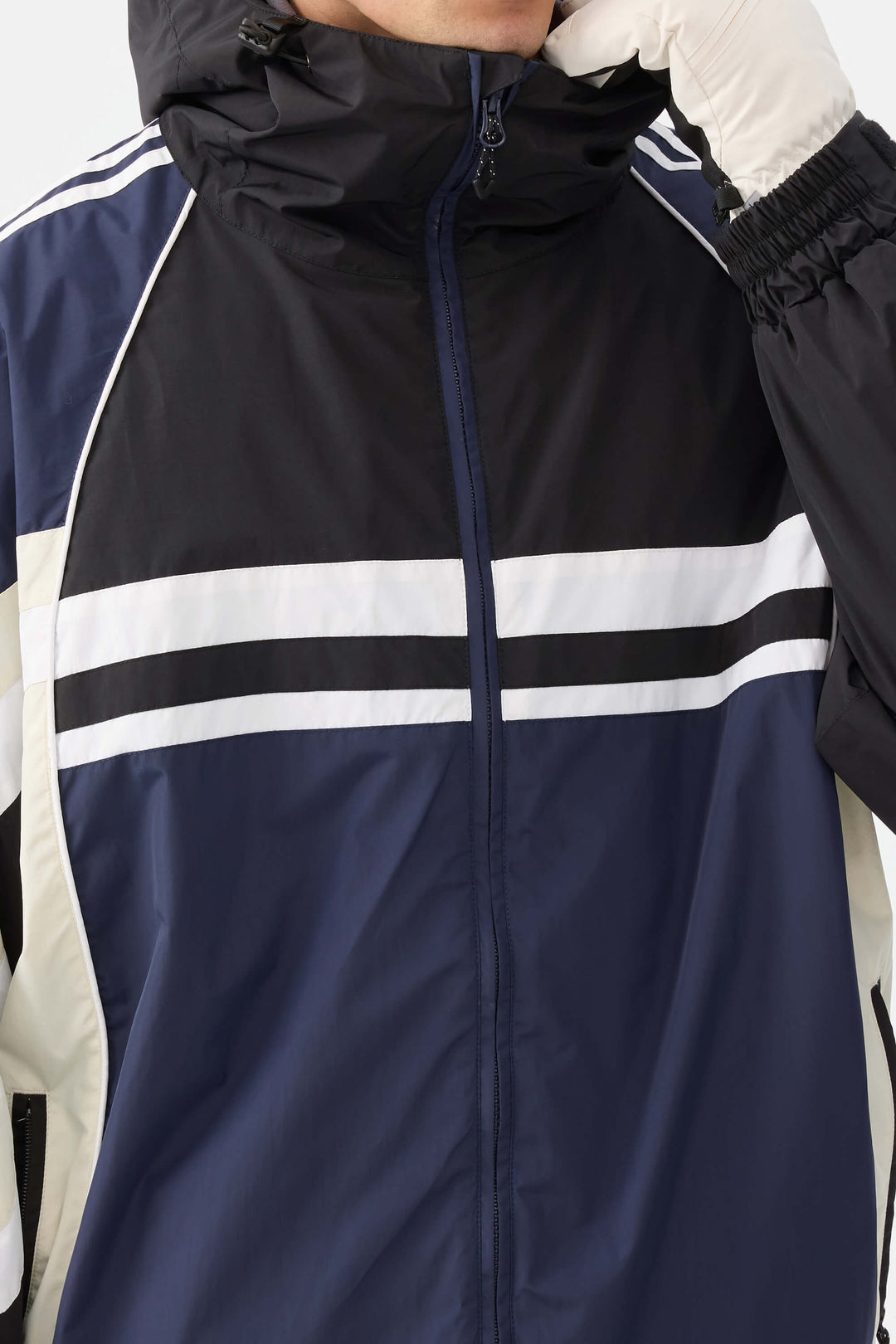 Heren marineblauwe retro sportieve strepen trim colorblock sneeuwjas