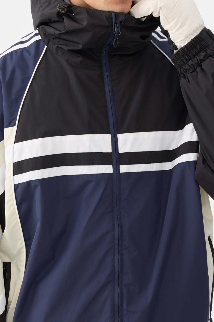 Heren marineblauwe retro sportieve strepen trim colorblock sneeuwjas