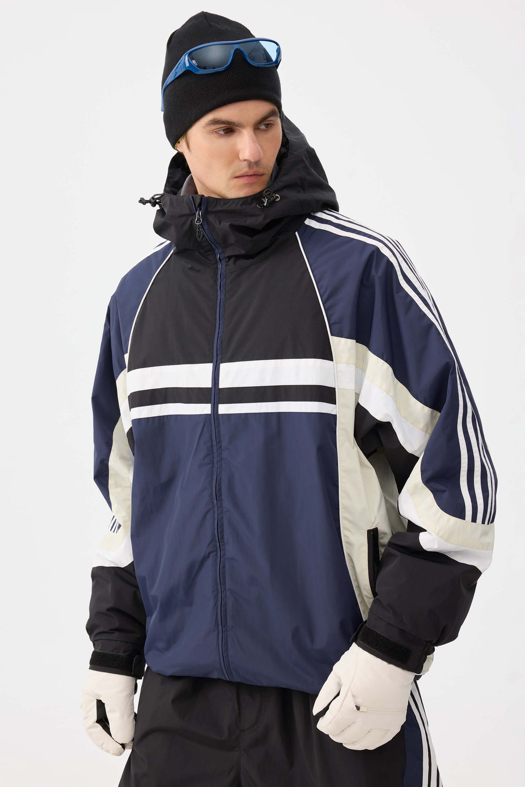 Heren marineblauwe retro sportieve strepen trim colorblock sneeuwjas