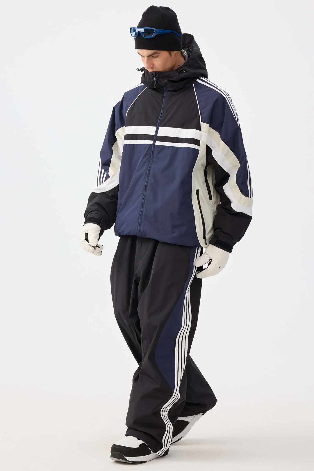 Heren marineblauwe retro sportieve strepen trim colorblock sneeuwjas