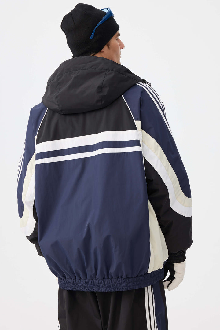 Heren marineblauwe retro sportieve strepen trim colorblock sneeuwjas
