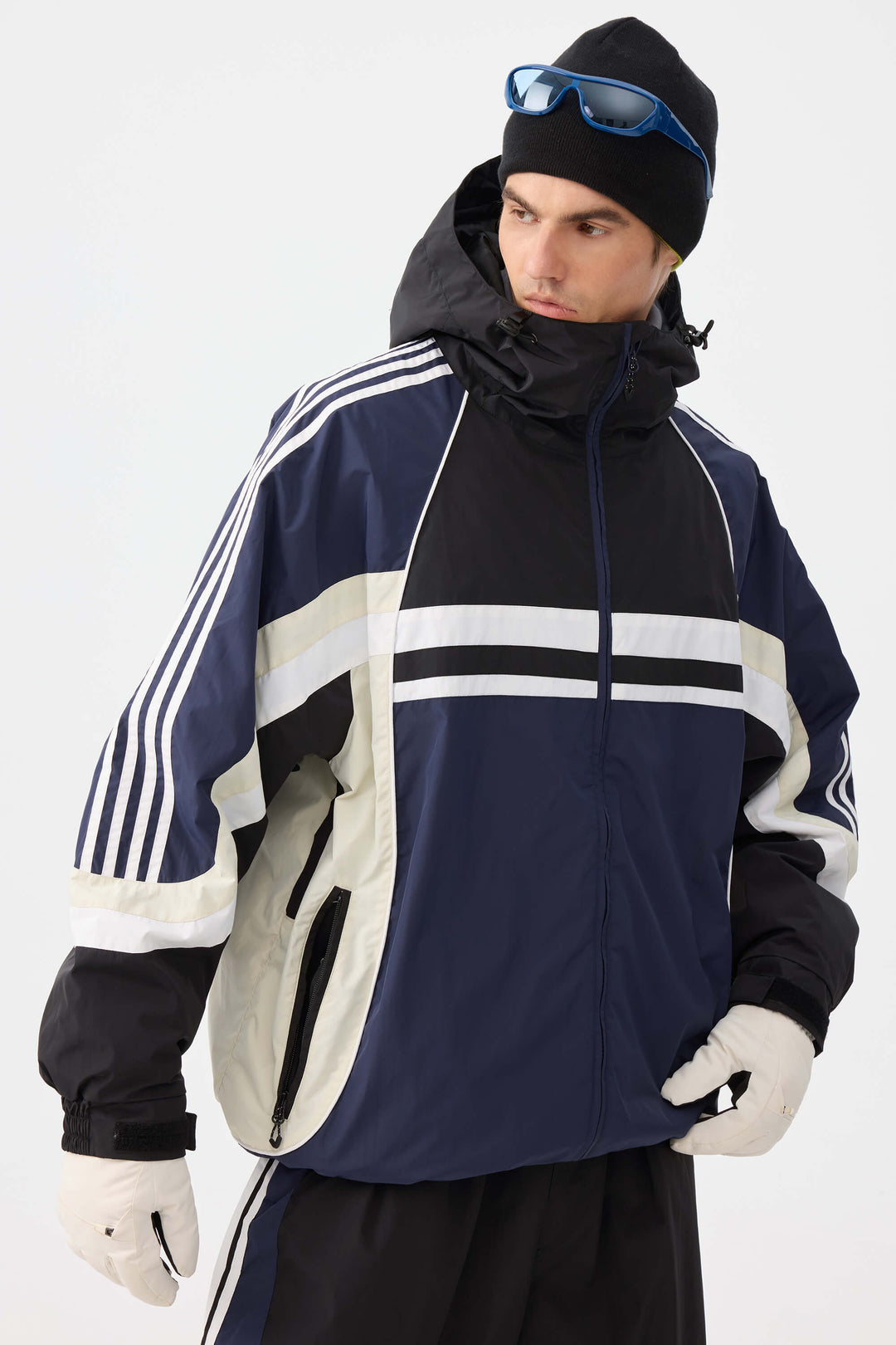 Heren marineblauwe retro sportieve strepen trim colorblock sneeuwjas