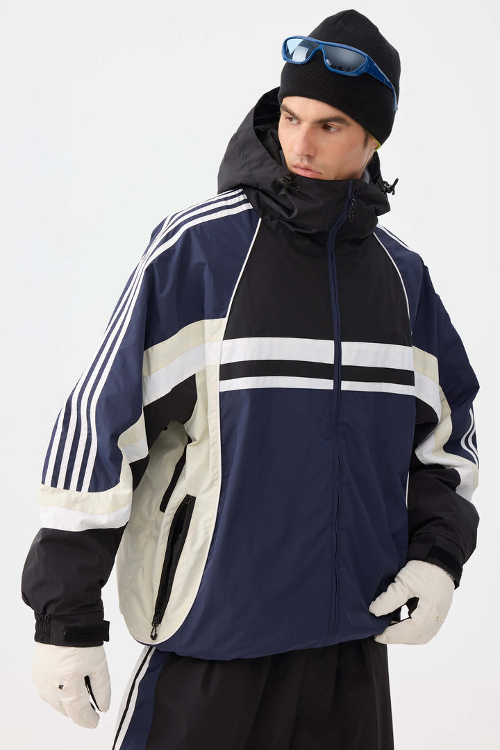 Heren marineblauwe retro sportieve strepen trim colorblock sneeuwjas