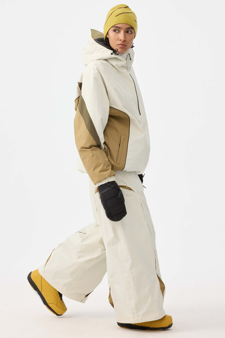 Women's Beige Retro Urban Colorblock Snow Anoraks