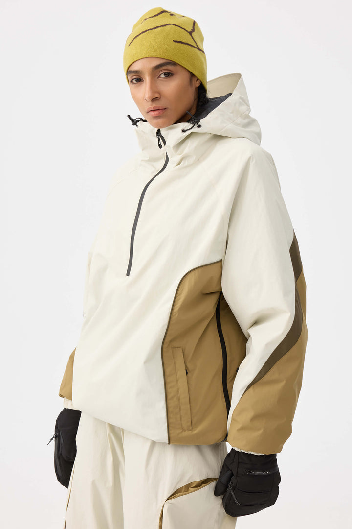 Women's Beige Retro Urban Colorblock Snow Anoraks