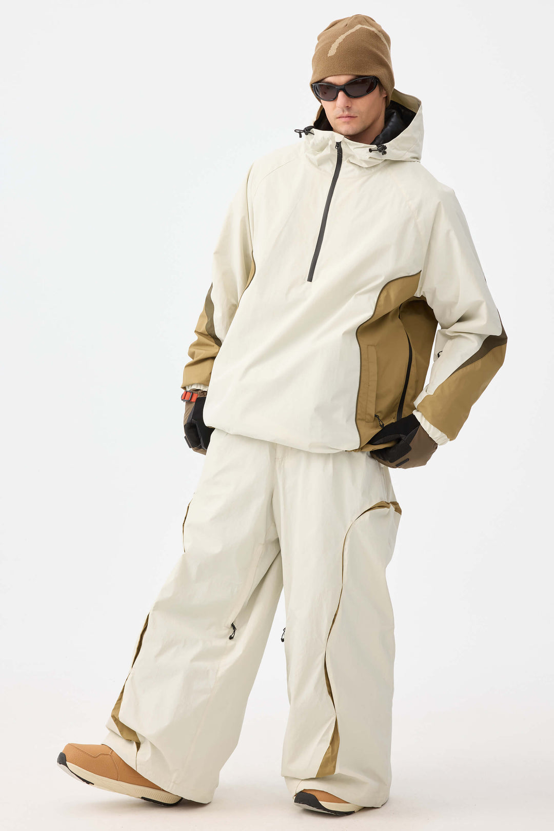 Men's Beige Retro Urban Colorblock Snow Anoraks