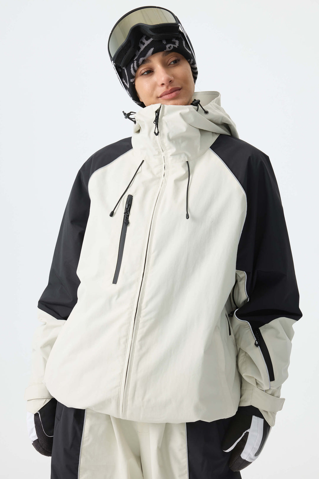 Women's Color Block Off White Waterproof Reflective Snow Jacket