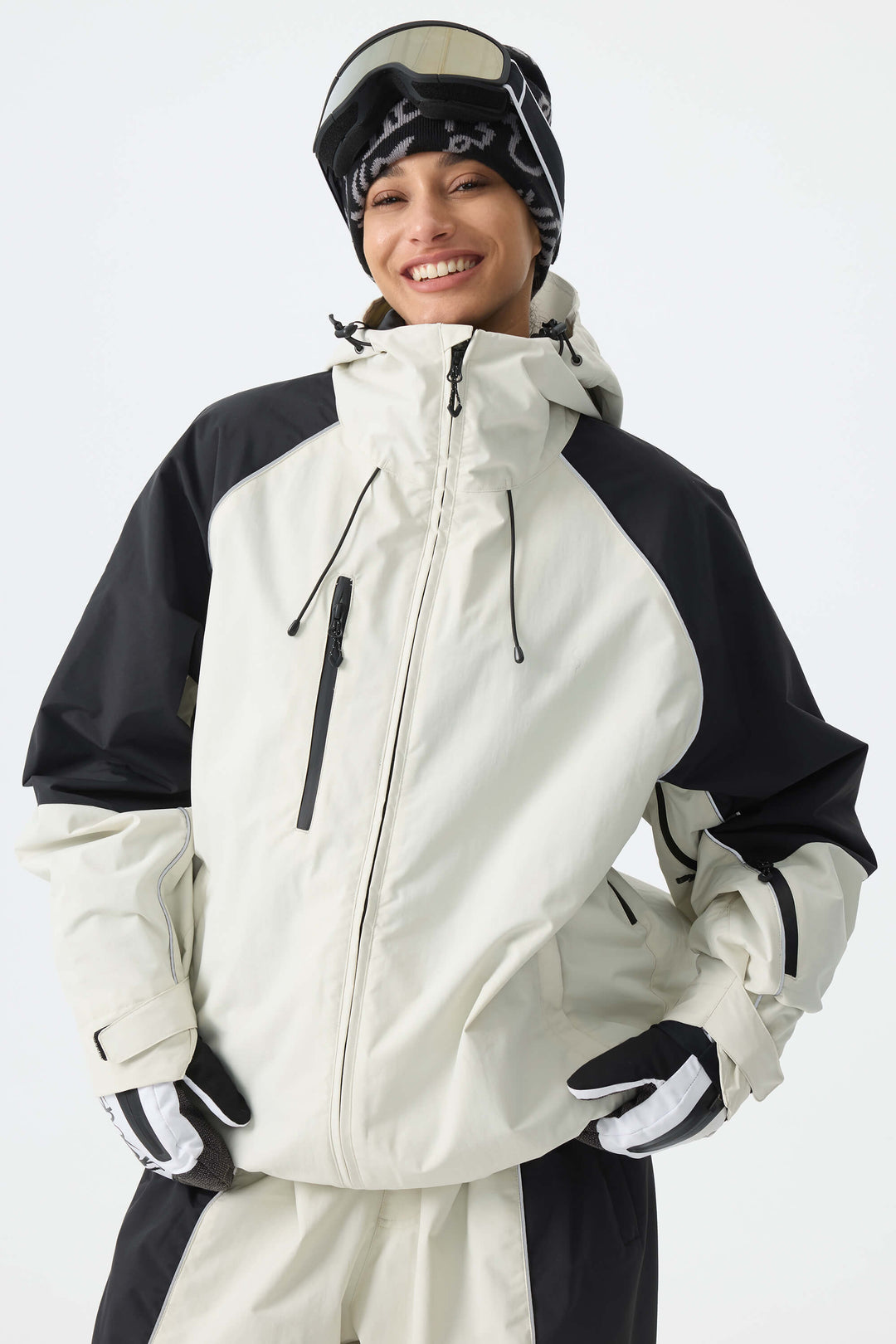 Women's Color Block Black Waterproof Reflective Snow Jacket
