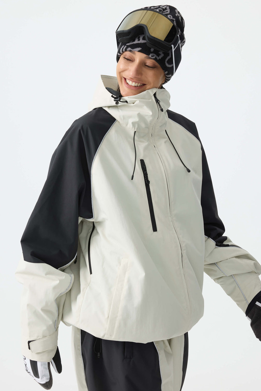 Women's Color Block Off White Waterproof Reflective Snow Jacket