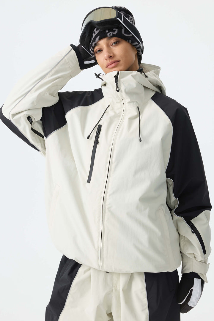 Women's Color Block Off White Waterproof Reflective Snow Jacket
