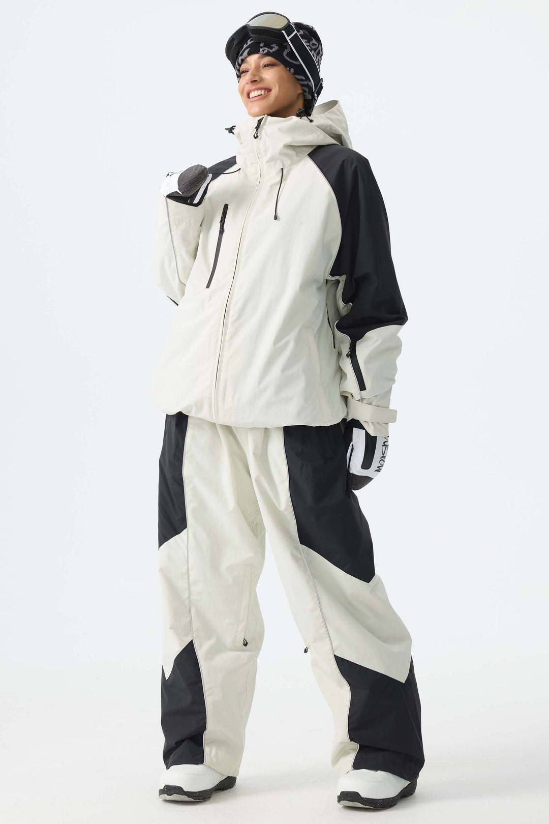 Women's Color Block Off White Waterproof Reflective Snow Jacket