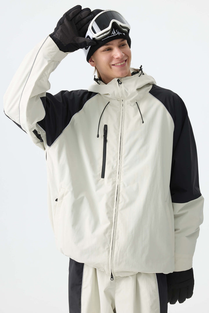 Men's Color Block Off White Waterproof Reflective Snow Jacket