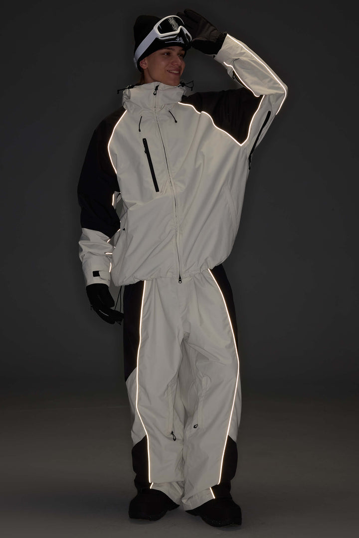 Men's Color Block Off White Waterproof Reflective Snow Jacket