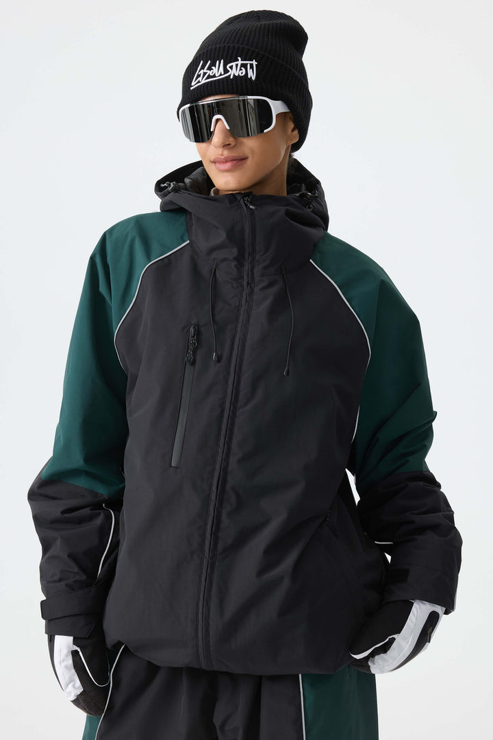 Women's Color Block Black Waterproof Reflective Snow Jacket