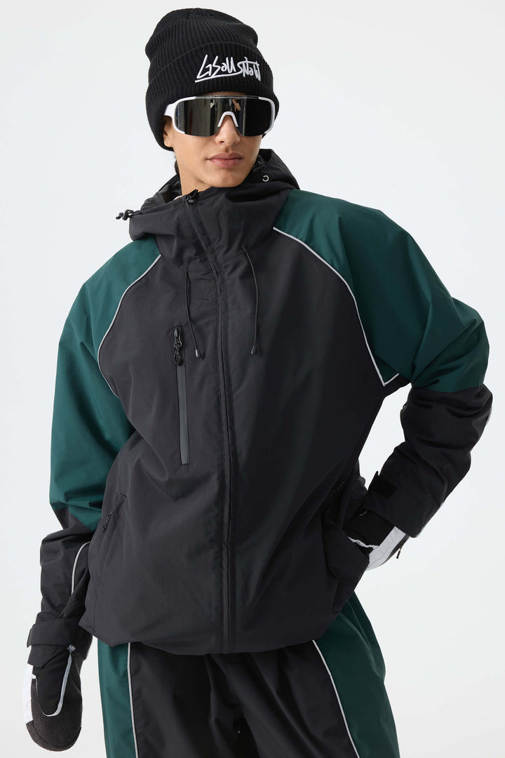 Women's Color Block Black Waterproof Reflective Snow Jacket
