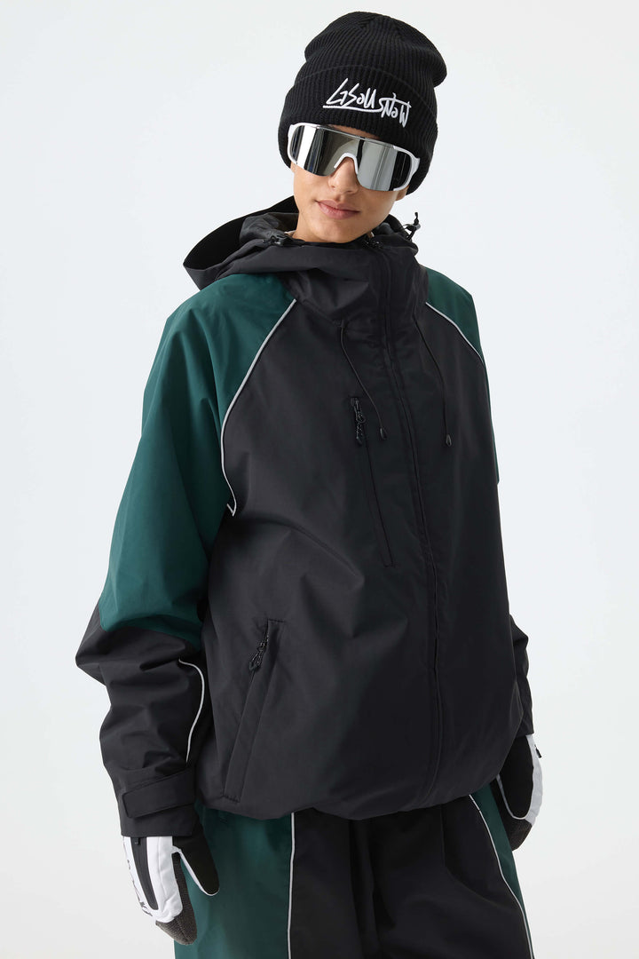 Women's Color Block Black Waterproof Reflective Snow Jacket