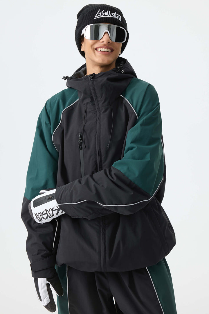 Women's Color Block Black Waterproof Reflective Snow Jacket