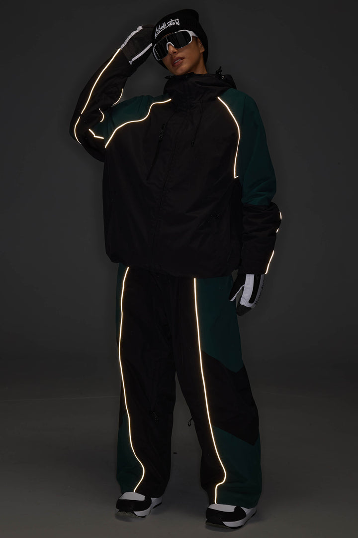 Women's Color Block Black Waterproof Reflective Snow Jacket