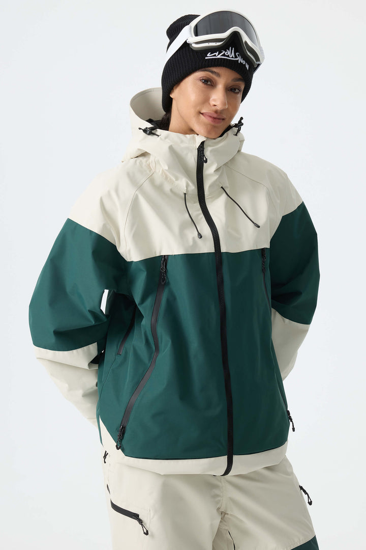 Women's Color-Block Off White & Green Structured Insulated Snow Jacket