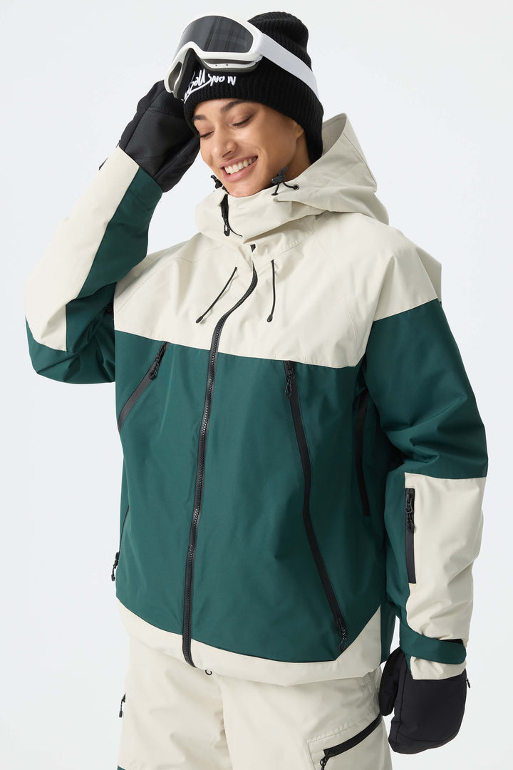 Women's Color-Block Off White & Green Structured Insulated Snow Jacket